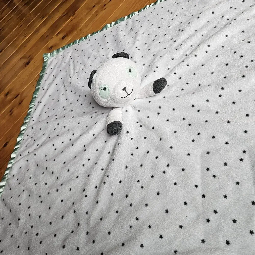 Cloud Island Panda Bear Lovey Mint Green White Stars Satin Baby Security Blanket